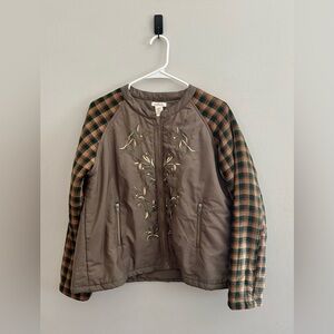 Sundance Women's Plaid Embroidered Army Green Full Zip Jacket | Size Medium